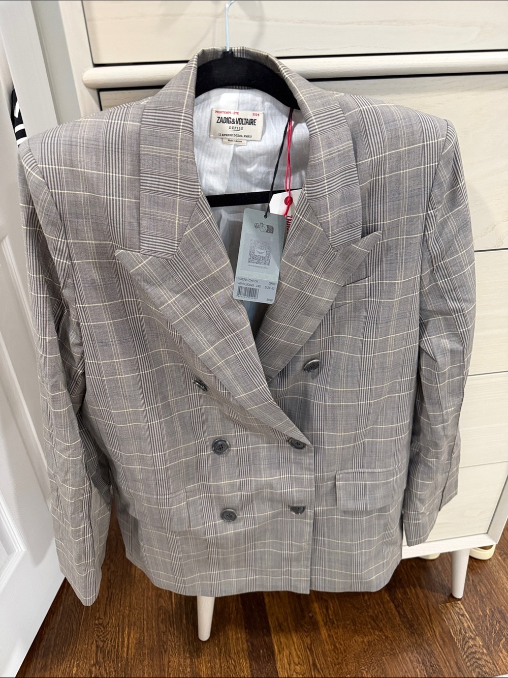 Zadig & Voltaire Light Gray Plaid Double-Breasted Blazer